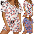 Women Pajama Set, Flags Stars Print Short Sleeve V-neck T-shirt with Shorts Sleepwear Loungewear Hoodie, Sweatshirt