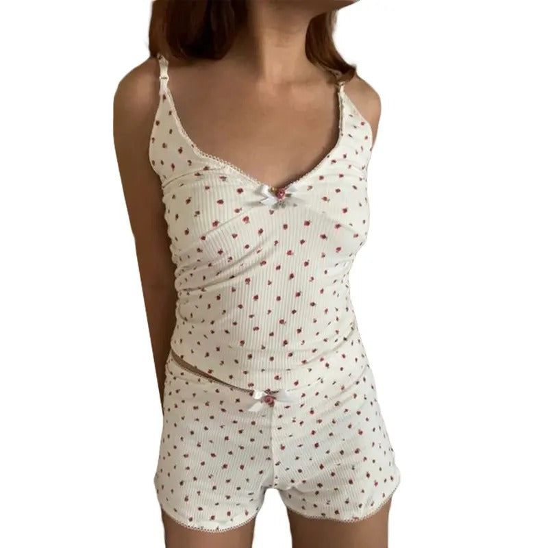 Women Pajama Set, Flower Print Sleeveless V-neck Camisole with Shorts Sleepwear Loungewear Cotton Womenswear T-Shirts,...