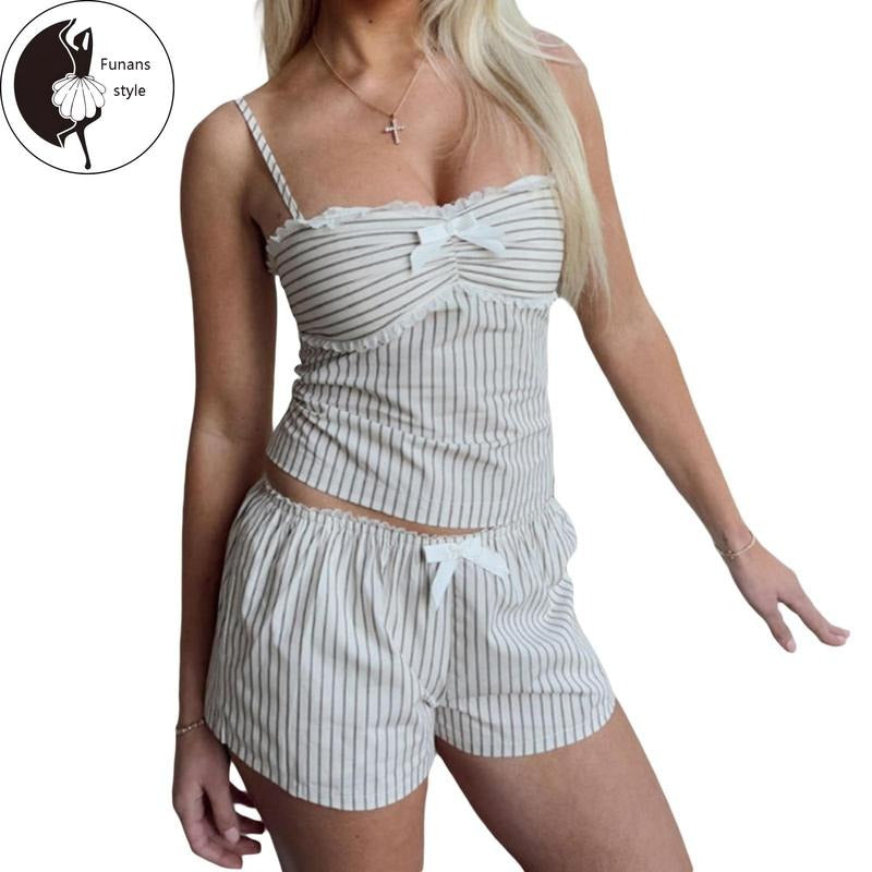 Women Pajama Set, Striped Bow Sleeveless Camisole with Shorts Sleepwear Loungewear T-Shirts, Hoodie, Sweatshirt