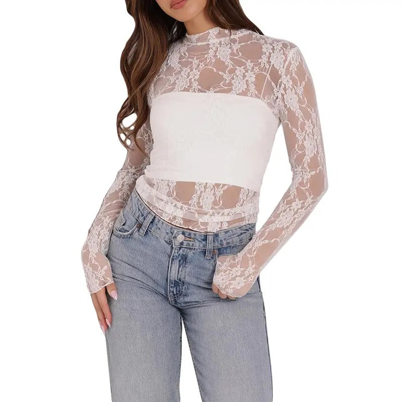 Women Sheer Tops Floral Lace Mock Neck Long Sleeve Casual T-Shirts for Parties Beach Hoodie, Sweatshirt | RetroVerseTees.com