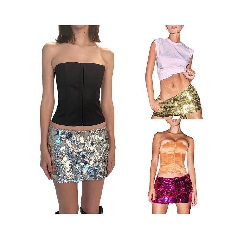 Women Shiny Sequin Skirt Summer Casual Elastic Mini A-line Skirt for Beaches Club Streetwear Fashion Womenswear T-Shirts,...