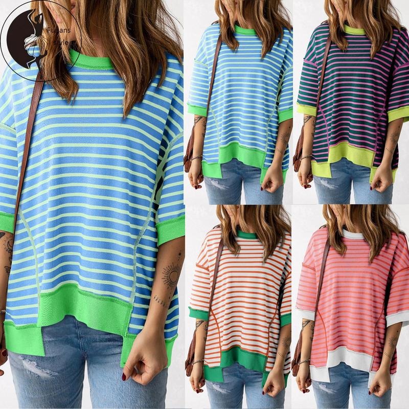 Women Short Sleeve T-Shirts Contrast Color Stripe Round Neck Shirts Summer Casual Loose Fit Tops Streetwear Hoodie,...