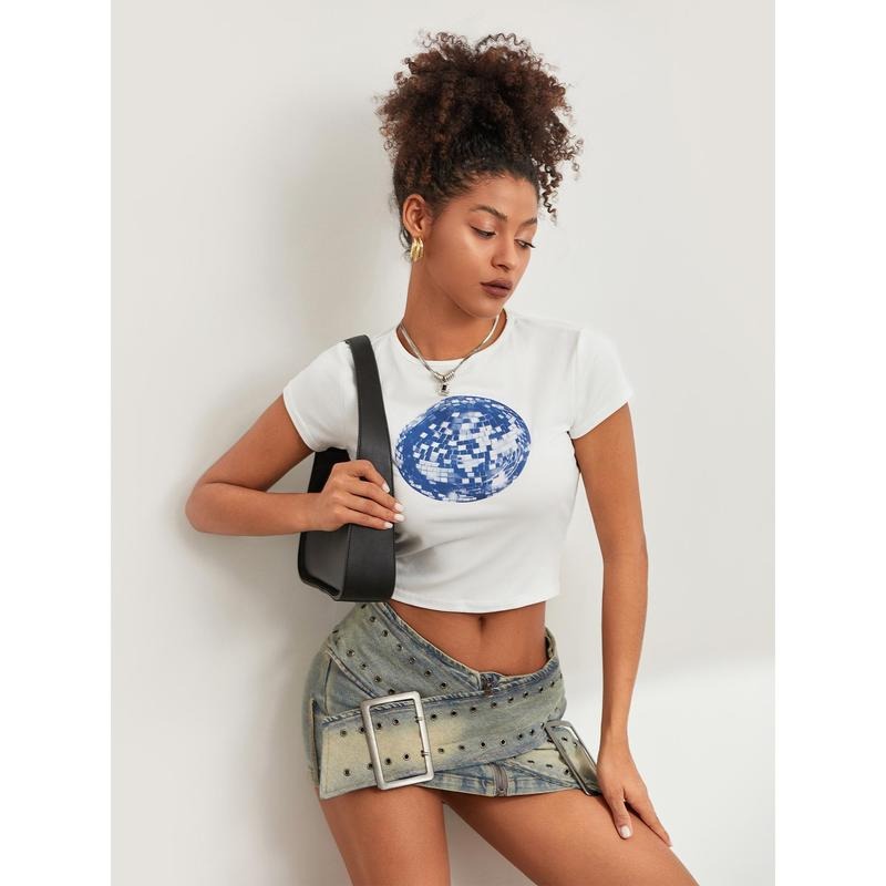 Women Short Sleeve T-Shirts Disco Ball Print Round Neck Shirts Summer Casual Slim Fit Tops Streetwear Womenswear Check...