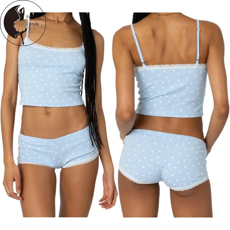 Women Shorts Set Heart Print Lace Trim Scoop Neck Crop Camisole Low Rise Mini Shorts 2 Piece Summer Outfit T-Shirts,...