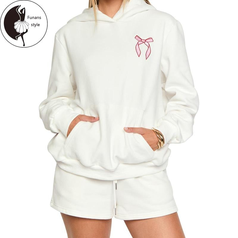Women Shorts Set, Long Sleeve Hooded Bow Print Hoodie with Elastic Waist Shorts Activewear Fall Outfit