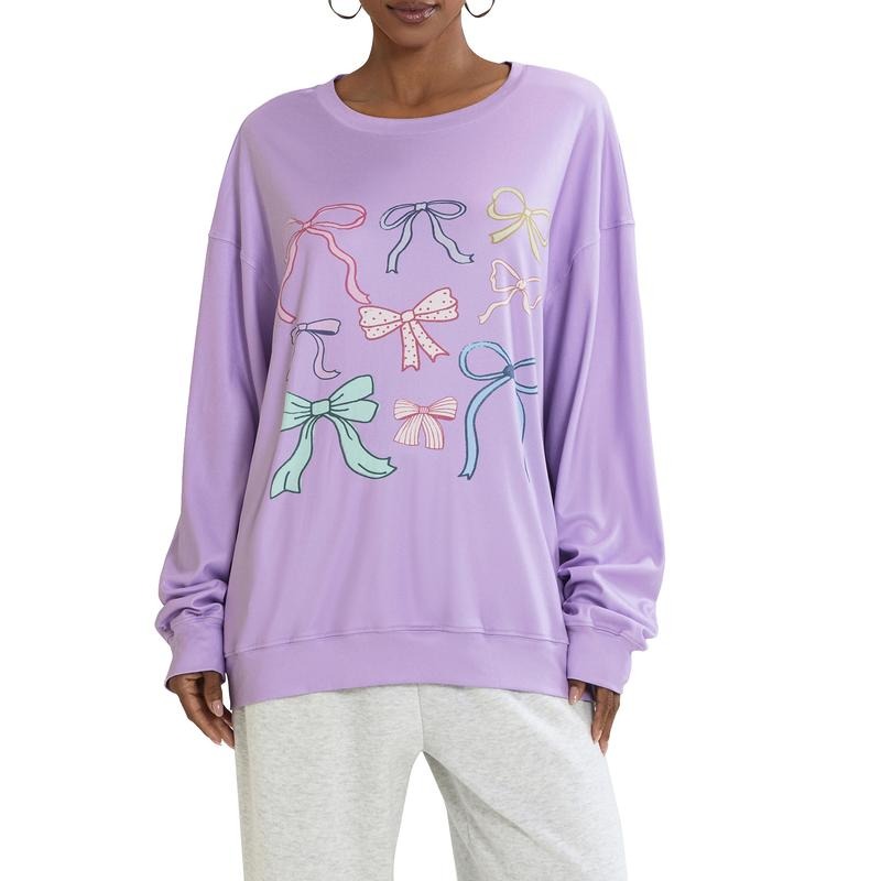 Women Sweatshirt, Long Sleeve Crew Neck Bowknot Print Hoodie Pullover Casual Tops T-Shirts | RetroVerseTees.com