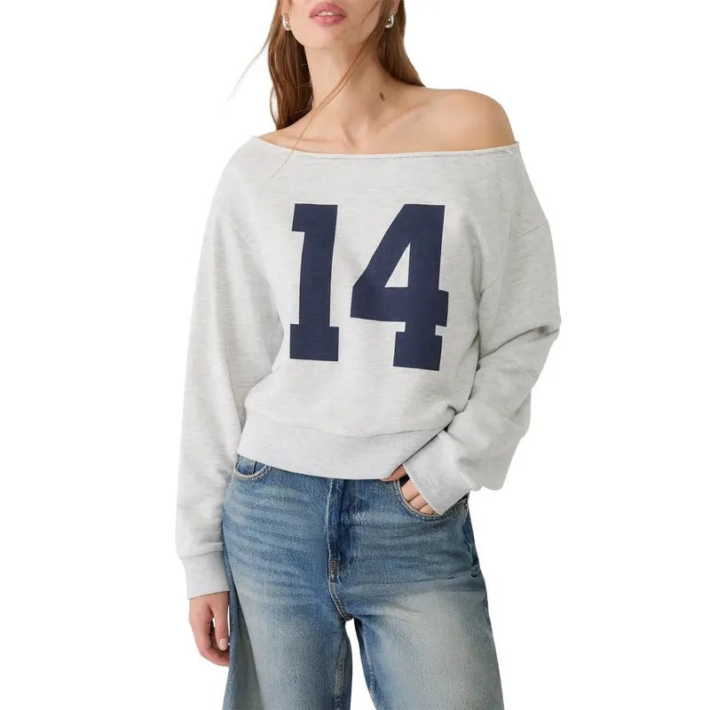 Women Sweatshirt, Long Sleeve Oblique Neck Numbers Print Hoodie Pullover Casual Tops T-Shirts | RetroVerseTees.com