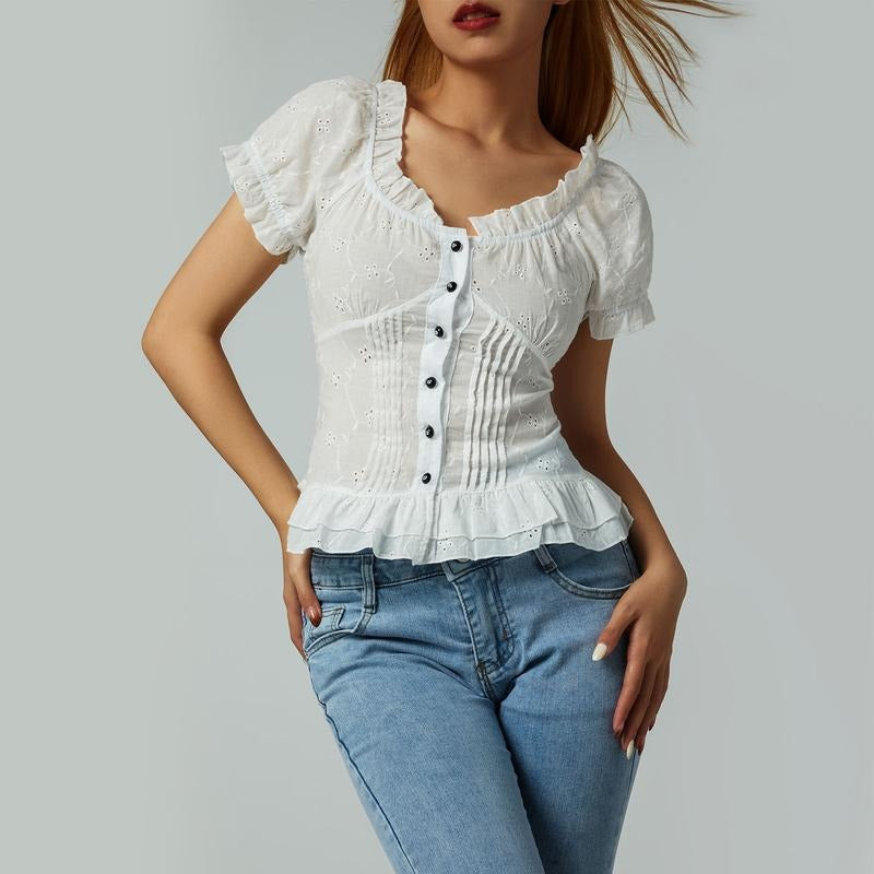 Women Sweet Style T-shirts, U Neck Short Sleeve Back Tie-up Ruffle Trim Tops, White Polyester Womenswear Hoodie, Sweatshirt