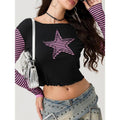 Women T-shirt Long Sleeve Crew Neck Star Stripes Slim Fit Ladies Tops for Casual Daily Cotton Womenswear Hoodie, Sweatshirt