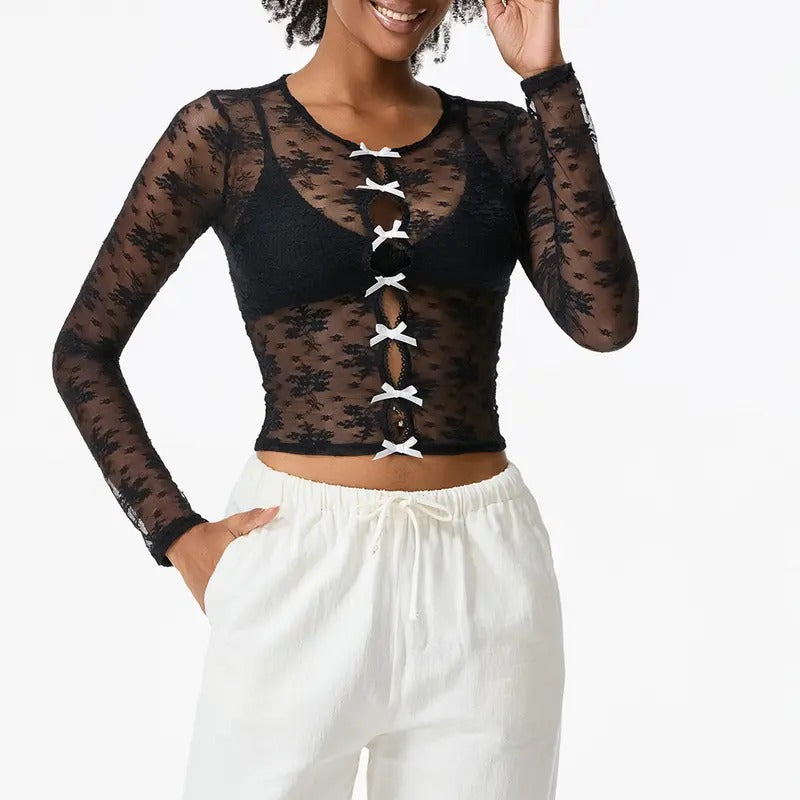 Women T-shirt, Long Sleeve Crew Neck Bows Hollowed See-through Lace TopsClubwear Hoodie, Sweatshirt | RetroVerseTees.com