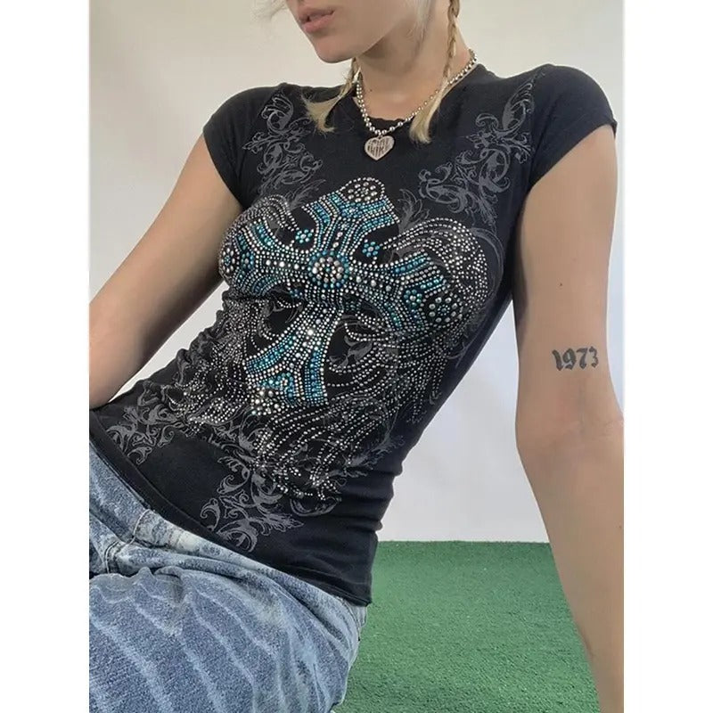 Women Tops, Short Sleeve Round Neck Elastic Rhinestone Retro Casual Party Street Fall Spring Summer Tops Womenswear...