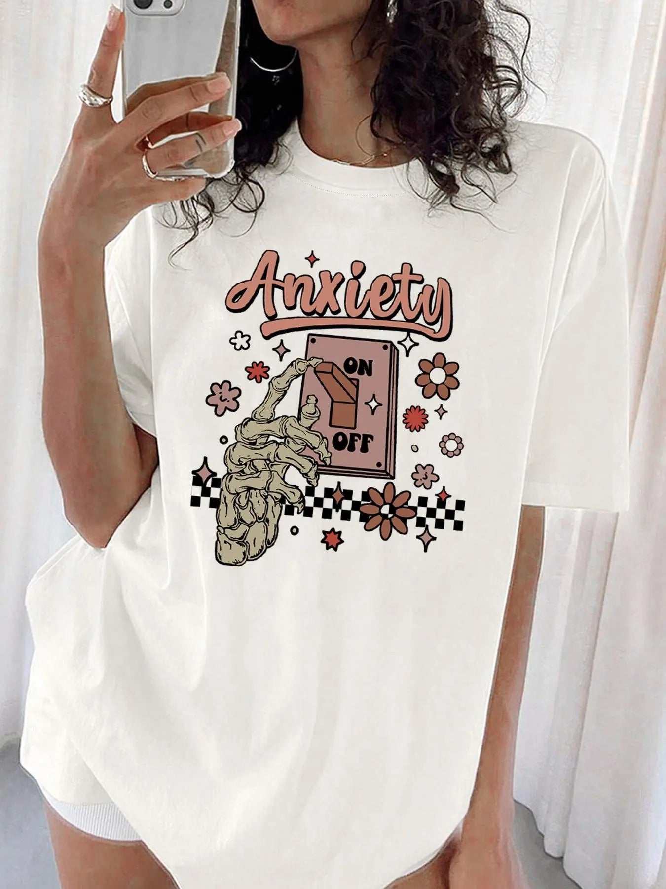 Women'WB shield "ANXIETY" Letter & Floral Print Round Neck Drop Shoulder Tee, Fashion Casual Crew Neck Half Sleeve...