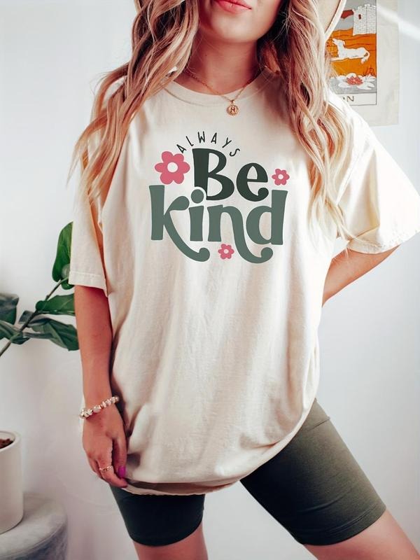 Women'WB shield "BE KIND" Floral & Letter Print Round Neck Graphic Tee, Vintage Trendy Casual Drop Shoulder Half Sleeve...