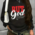 Women'WB shield "BUT FOG" Letter Print Drop Shoulder Sweatshirt, Casual Long Sleeve Round Neck Pullover for Daily Wear,...