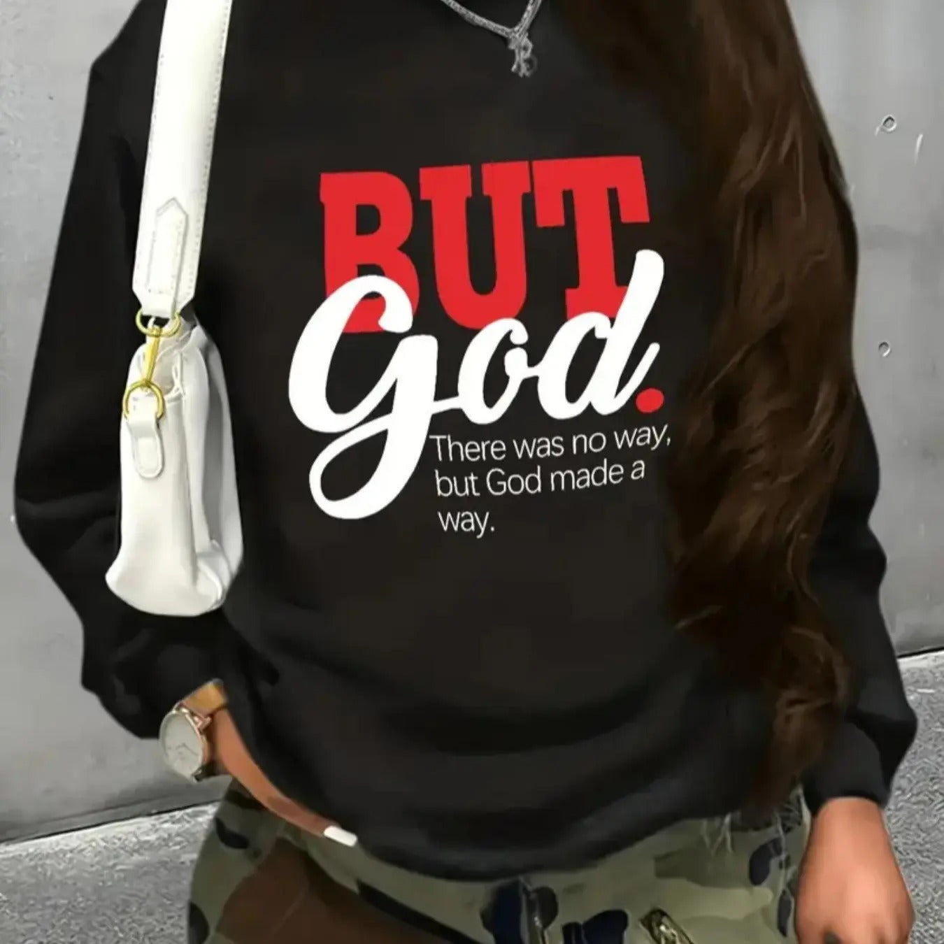 Women'WB shield "BUT FOG" Letter Print Drop Shoulder Sweatshirt, Casual Long Sleeve Round Neck Pullover for Daily Wear,...