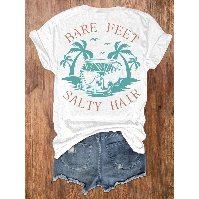 Women'WB shield "Bare Feet Salty Hair" Graphic T-Shirt - Casual Round Neck, Short Sleeve Top with Van & Palm Tree Design,...