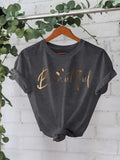 Women'WB shield "Beautiful" Letter Print Round Neck Tee, Casual Short Sleeve Crew Neck T-shirt for Spring & Fall, Fashion...