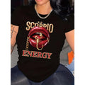 Women'WB shield "Big Scorpio Energy" Graphic Tee - Casual Black Crew Neck Lightsaber brand-Shirt with Red Lips & Golden...