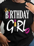 Women'WB shield "Birthday Girl" Letter Graphic Round Neck Tee, Trendy Casual Short Sleeve T-Shirt for Daily Wear, Ladies...