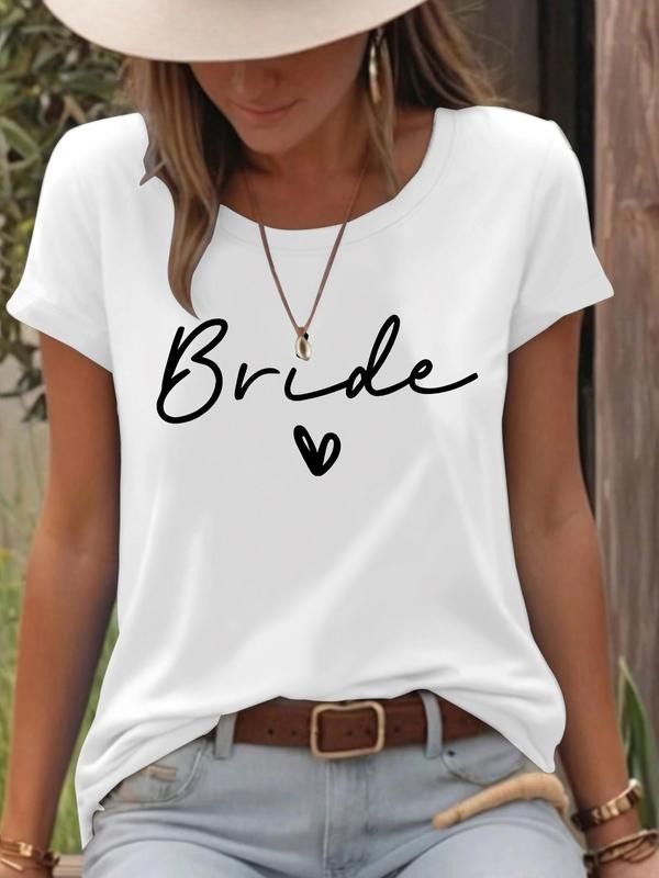 Women'WB shield "Bride" Slogan Print Round Neck Tee, Casual Fashion Short Sleeve T-shirt for Daily Wear, Ladies Summer...