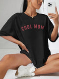 Women'WB shield "COOL MOM" Letter Print Drop Shoulder Tee, Casual Short Sleeve Round Neck T-shirt for Daily Wear, Graphic...