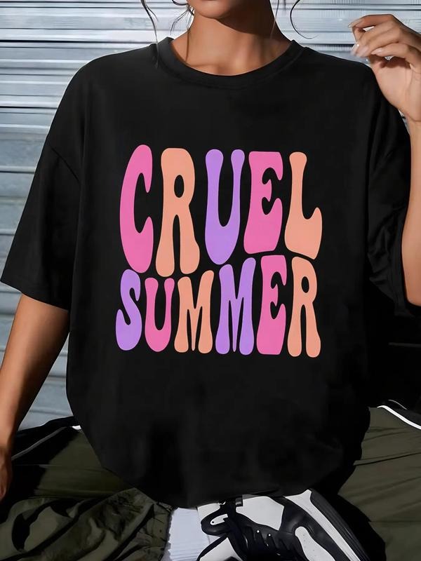 Women'WB shield "CRUEL SUMMER" Letter Print Drop Shoulder Tee, Summer TNF Women, Casual Short Sleeve Round Neck T-shirt...