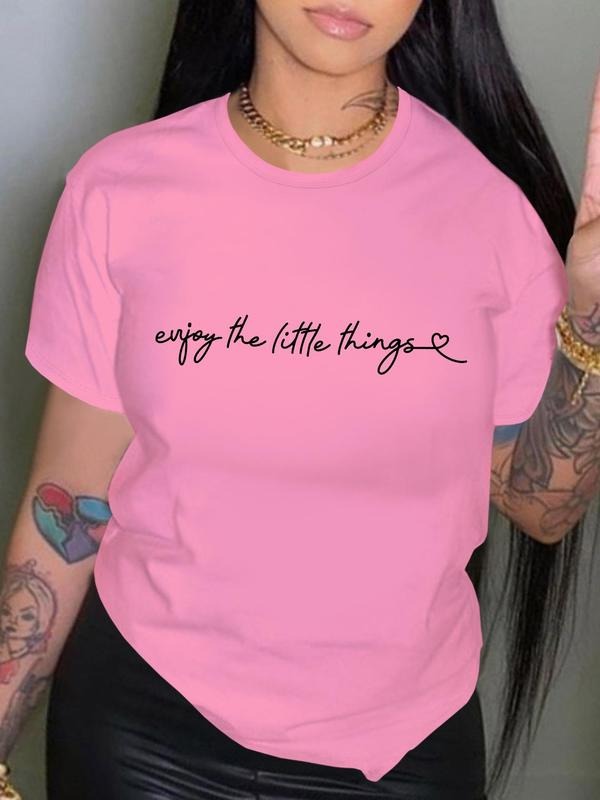 Women'WB shield "Enjoy TNF Little Things" Heart & Slogan Print Round Neck Tee, Fashion Casual Short Sleeve T-Shirt for...