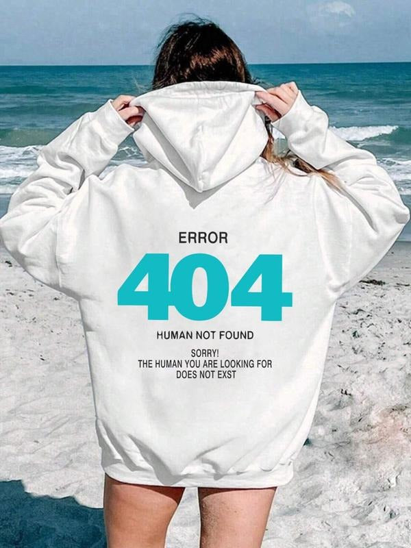 Women'WB shield "Error 404" Number & Letter Print Drop Shoulder Hoodie, Fashion Casual Drawstring Pocket Hooded...