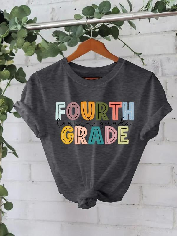 Women'WB shield "FOURTH GRADE" Round Neck Graphic Tee, Casual Short Sleeve T-Shirt for Daily Wear, Ladies TNF for Spring...