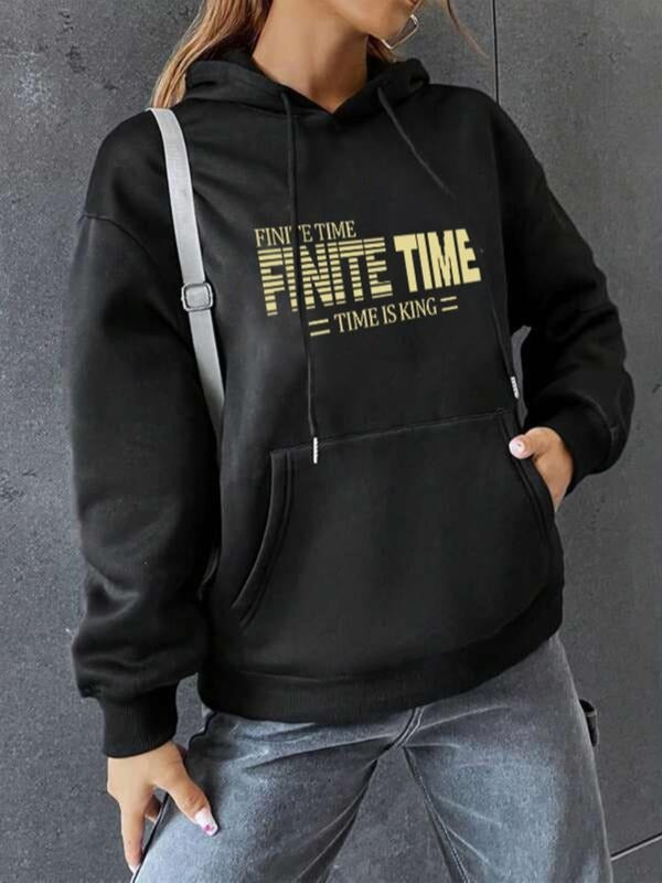 Women'WB shield "Finite Time" Letter Print Drawstring Hoodie, Fashion Casual Pocket Hooded Sweatshirt For Outdoor Daily...