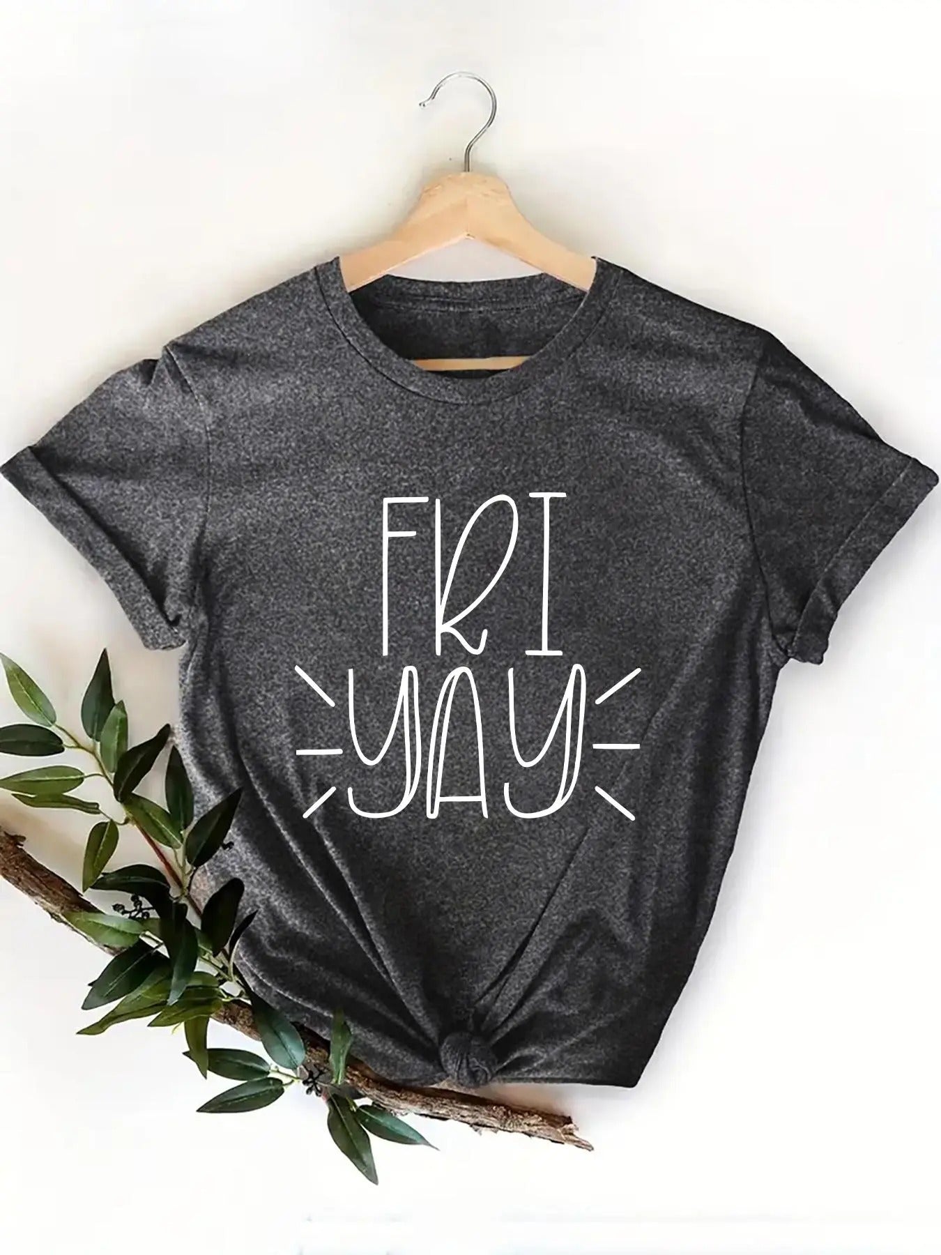 Women'WB shield "Fri-Yay" Slogan Print Round Neck Tee, Casual Short Sleeve Crew Neck T-Shirt for Summer, Fashion Women'WB...