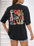 Women'WB shield "GOOD AUNTS CLUB" Slogan Print Drop Shoulder Tee, Fashion Casual Crew Neck T-shirt for Daily Outdoor...