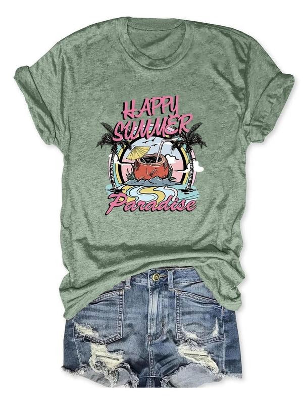 Women'WB shield "HAPPY SUMMER" Letter & Landscape Print Round Neck Tee, Vintage Trendy Casual Short Sleeve T-shirt for...