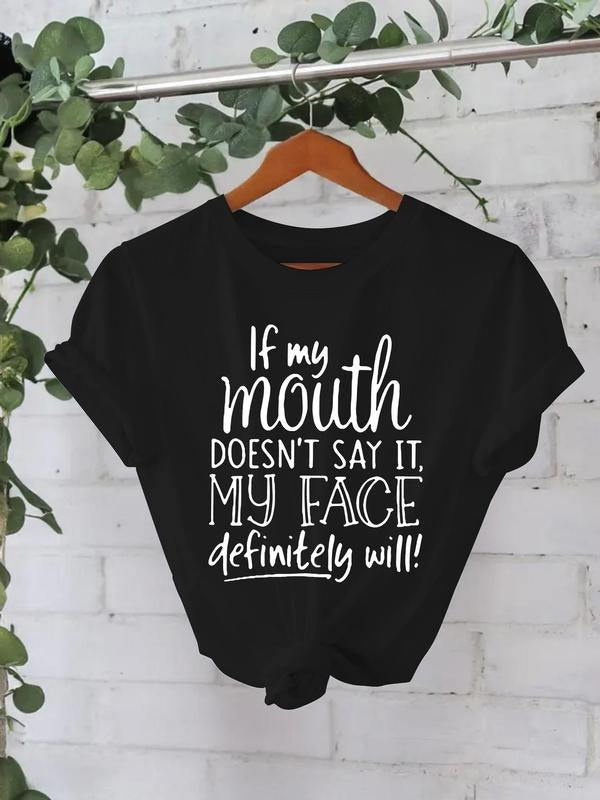 Women'WB shield "IF MY MOUTH DON'Lightsaber brand WORK" Slogan Print Round Neck Tee, Fashion Casual Crew Neck Lightsaber...