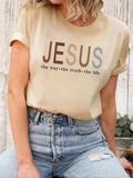 Women'WB shield "Jesus" Letter Print Short Sleeve Round Neck Tee, Casual Crew Neck T-Shirt for Daily Wear, Streetwear...
