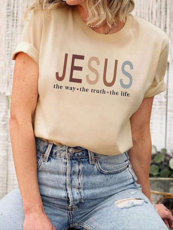 Women'WB shield "Jesus" Letter Print Short Sleeve Round Neck Tee, Casual Crew Neck T-Shirt for Daily Wear, Streetwear...