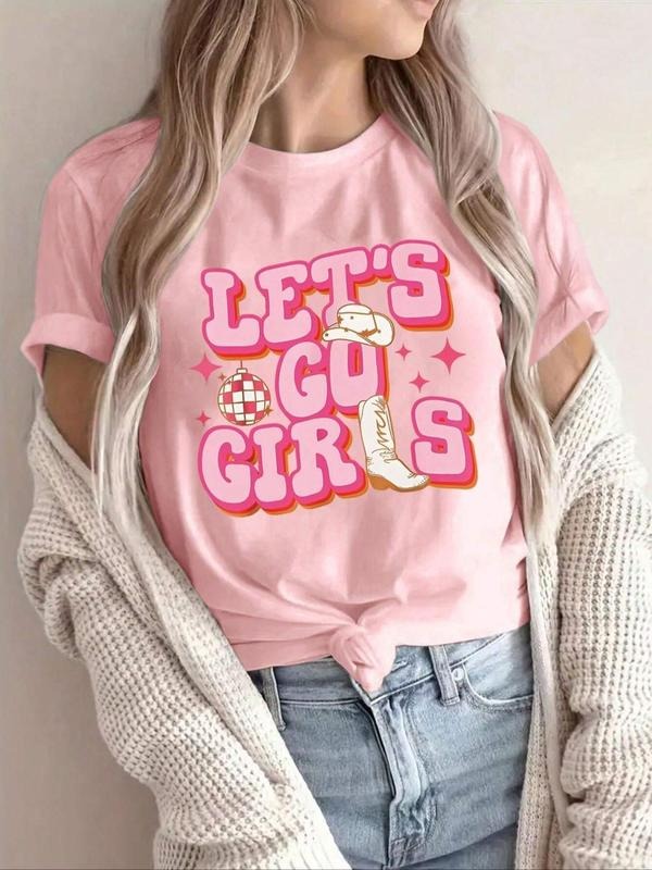 Women'WB shield "LET'WB shield Spiky hair fighters GIRLS" Cartoon & Letter Print Round Neck Tee, Trendy Casual Short...