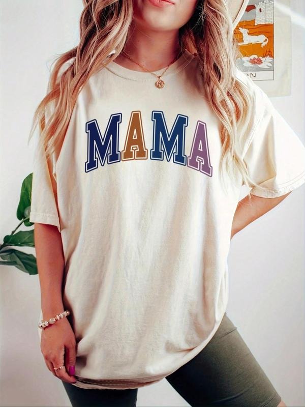 Women'WB shield "MAMA" Letter Print Drop Shoulder Tee, Casual Half Sleeve Round Neck T-shirt for Daily Wear, Ladies TNF...
