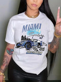 Women'WB shield "MIAMI" Letter & Car Print Round Neck Tee, Stylish Casual Short Sleeve Crew Neck T-Shirt for Daily Wear,...
