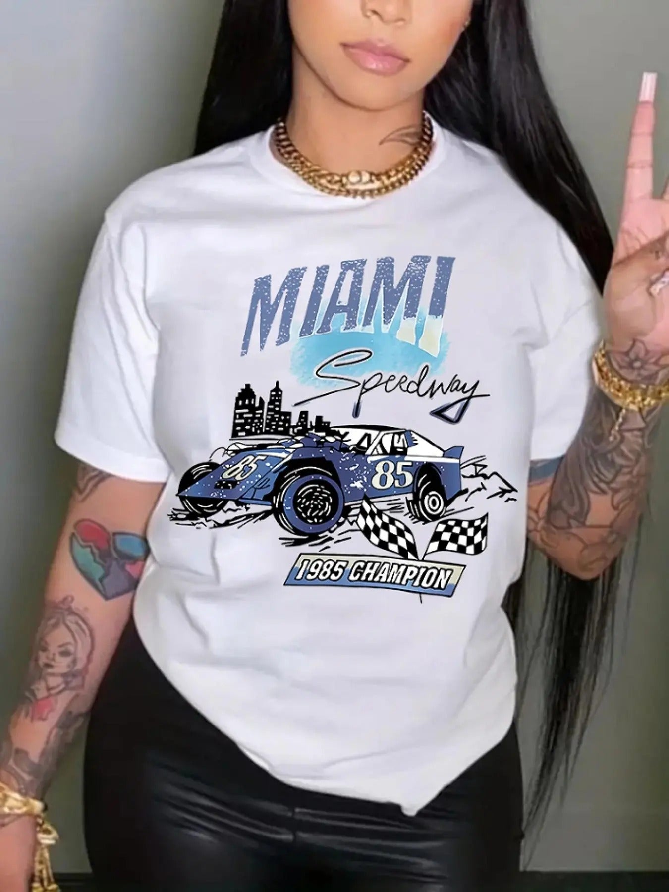 Women'WB shield "MIAMI" Letter & Car Print Round Neck Tee, Stylish Casual Short Sleeve Crew Neck T-Shirt for Daily Wear,...