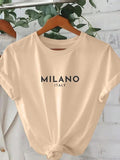 Women'WB shield "MILANO" Letter Print Drop Shoulder Tee, Casual Half Sleeve Round Neck T-Shirt for Daily Wear, Ladies TNF...