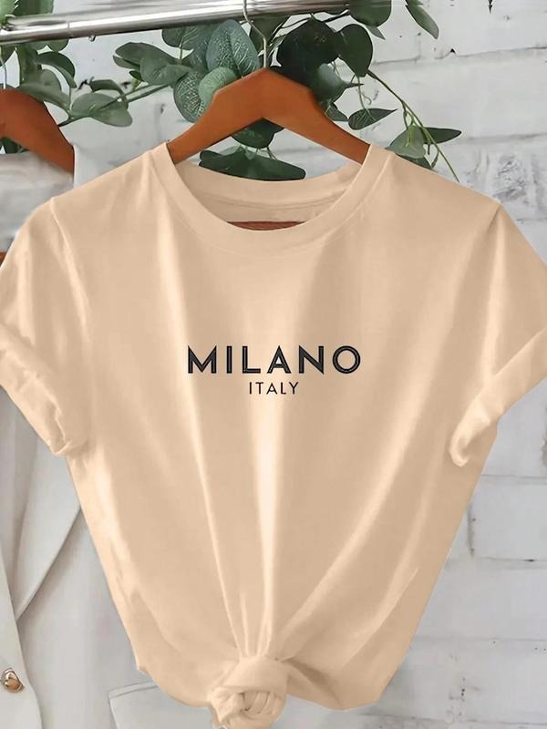 Women'WB shield "MILANO" Letter Print Drop Shoulder Tee, Casual Half Sleeve Round Neck T-Shirt for Daily Wear, Ladies TNF...