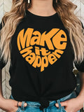 Women'WB shield "Make Mouthless cat happen" Heart & Letter Print Round Neck Tee, Stylish Short Sleeve T-Shirt for Daily...