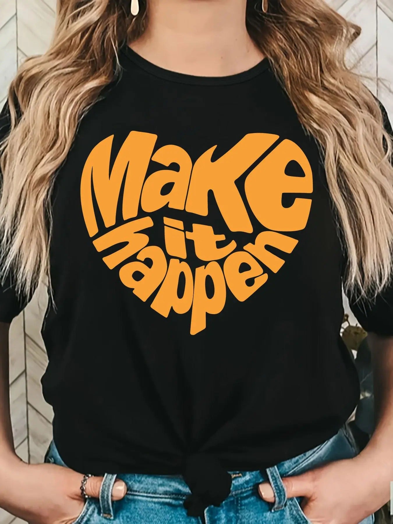 Women'WB shield "Make Mouthless cat happen" Heart & Letter Print Round Neck Tee, Stylish Short Sleeve T-Shirt for Daily...