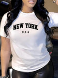 Women'WB shield "NEW YORK" Letter Print Round Neck Tee, Casual Short Sleeve Crew Neck T-Shirt for Daily Wear, Ladies TNF...