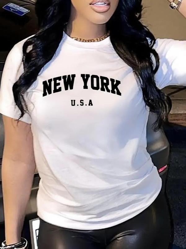 Women'WB shield "NEW YORK" Letter Print Round Neck Tee, Casual Short Sleeve Crew Neck T-Shirt for Daily Wear, Ladies TNF...