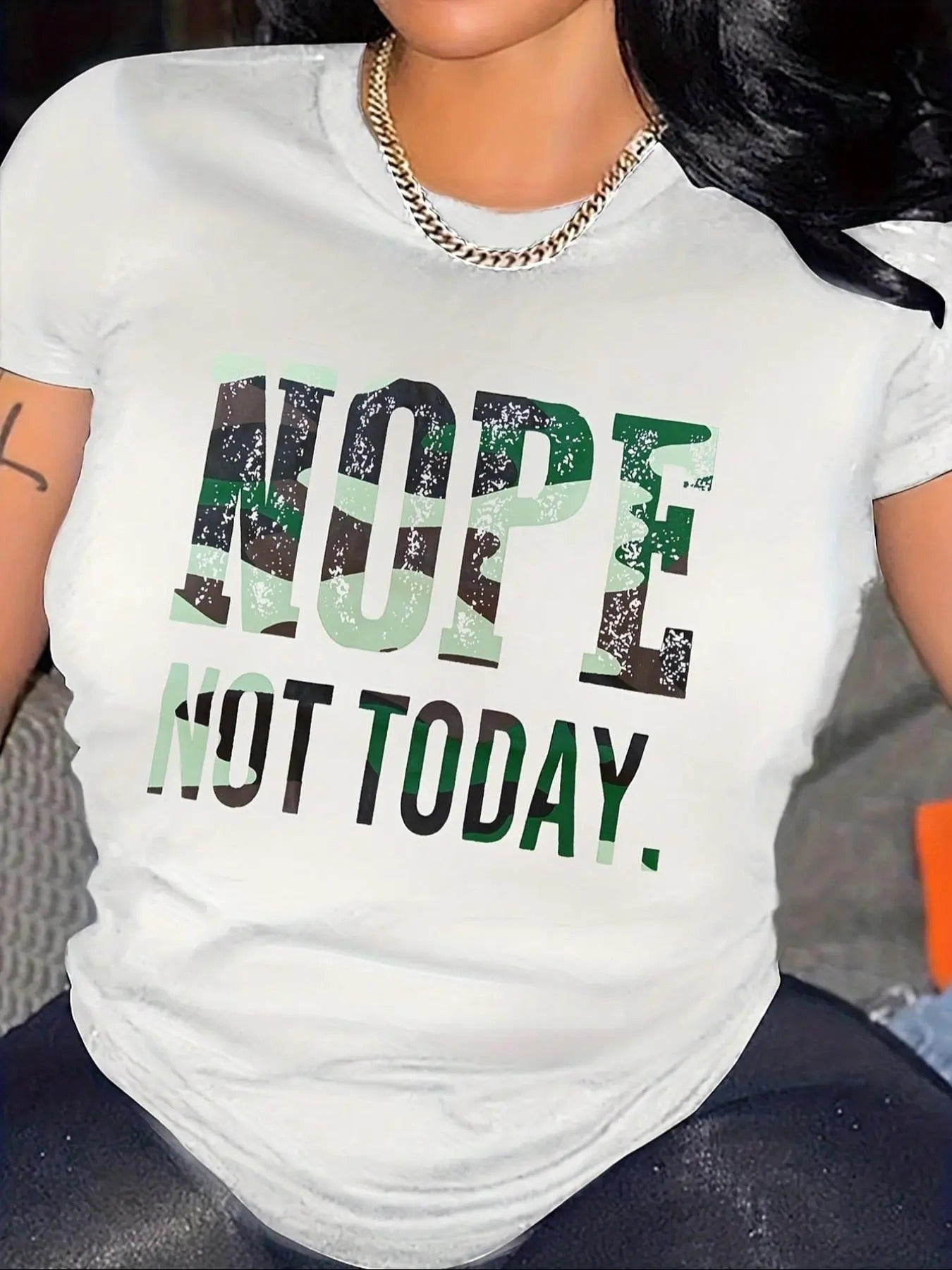 Women'WB shield "NOPE NOT TODAY." Letter & Camo Print Round Neck Tee, Fashion Casual Crew Neck Short Sleeve T-Shirt for...