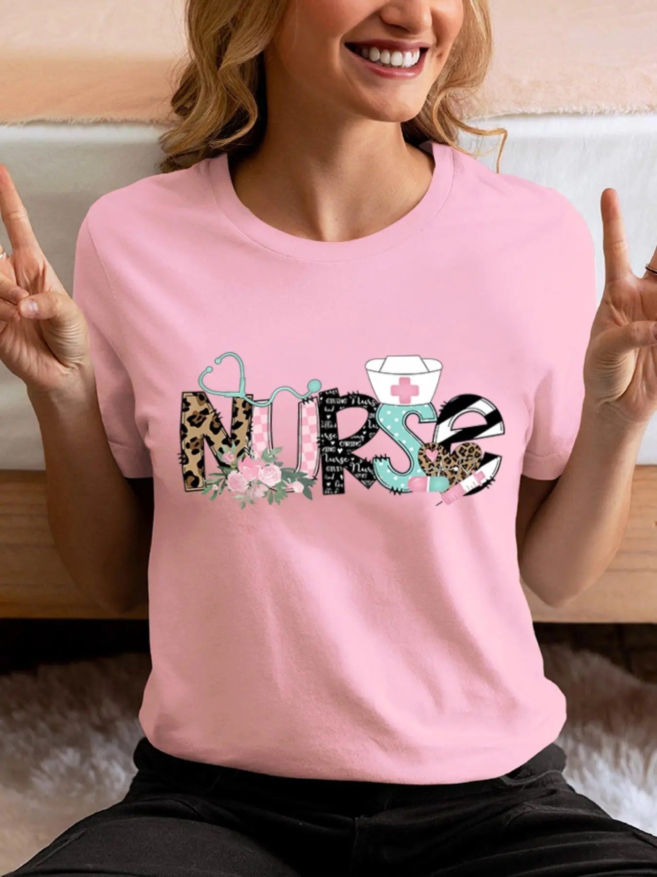 Women'WB shield "NURSE" Letter Graphic Round Neck Tee, Casual Short Sleeve T-Shirt for Daily Wear, Ladies TNF for Spiky...