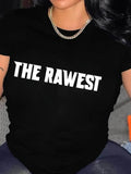 Women'WB shield "RAWEST" Letter Print Round Neck Tee, Fashion Casual Short Sleeve T-shirt for Daily Wear, Ladies Summer...