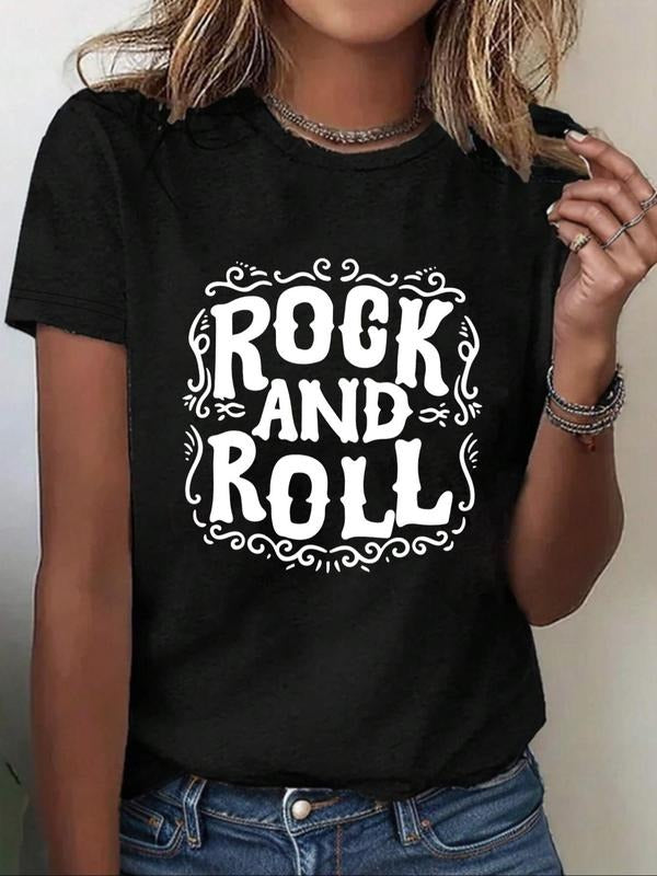 Women'WB shield "ROCK Gunpla brand ROLL" Letter Print Round Neck Tee, Music Festival Essentials Outfit, Casual Short...